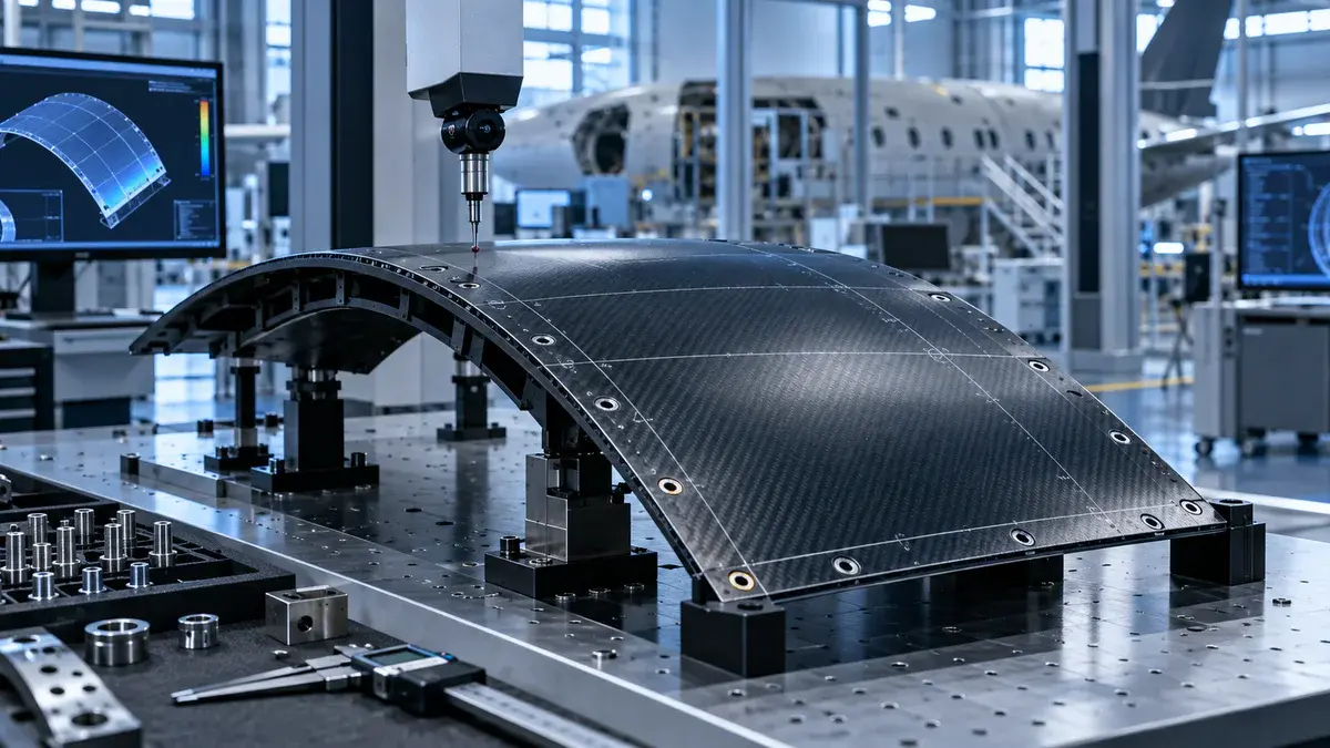 Curved composite structure undergoing precision inspection in an aerospace laboratory