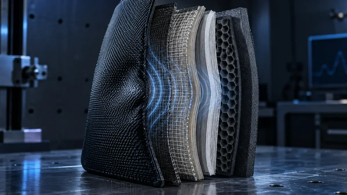 Conceptual layered protective material assembly in a controlled test laboratory