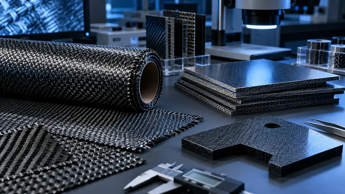 Advanced woven fibres and composite samples arranged on a materials laboratory bench